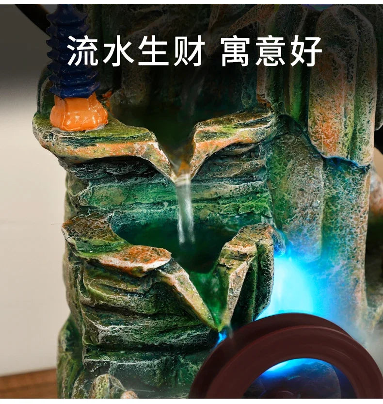 Indoor Fountain with Fish Tank Feng Shui Resin Waterwheel Relaxing Fog Water Feature for Home & Office Décor Water Feature