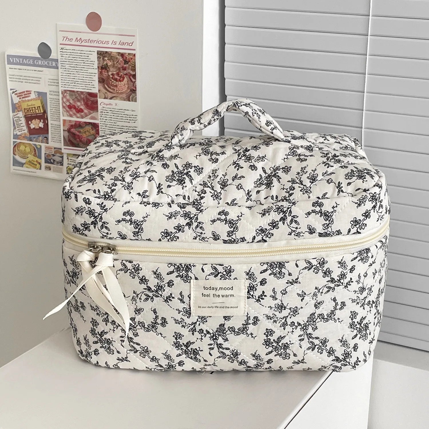 Fashion Ins Black Flower Women Quilting Bags Handbag Travel Organizer Cosmetic Makeup Storage Pouch Portable Zipper Tote Bag