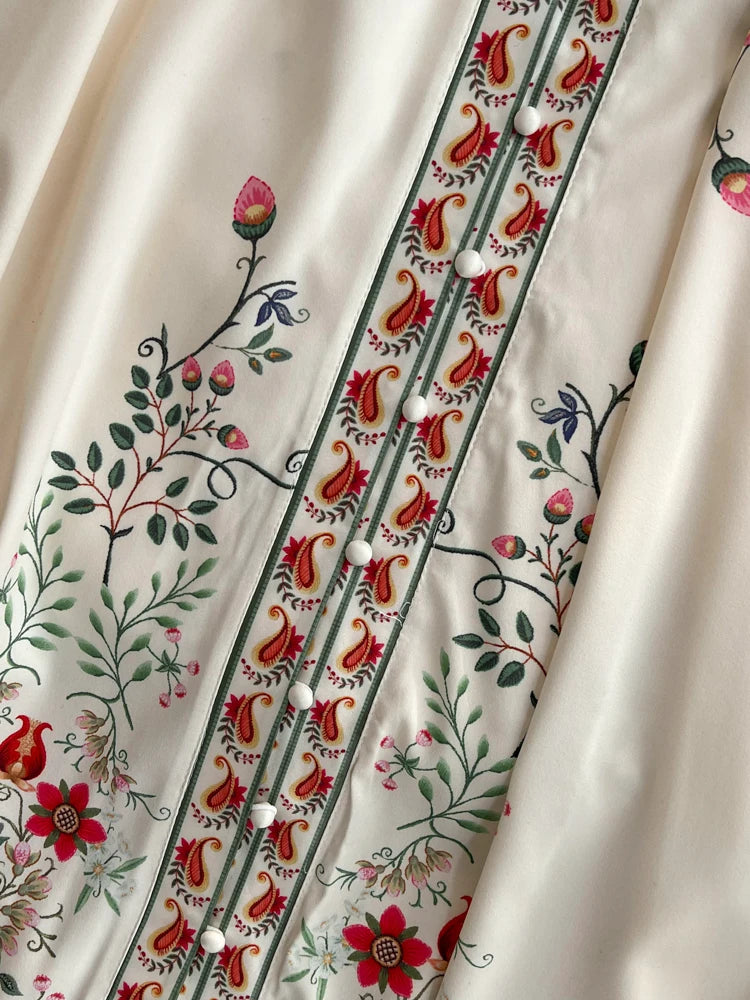 2026 Runway Luxury Designer Dresses Women Stand Neck Long Sleeve Floral Print With Belt Boho Holiday Dress Flower Long Robes