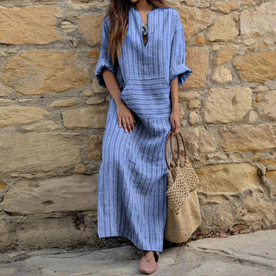 Womens Cotton Linen Dress Big size 5XL large size Kaftan Long Sleeve 2026 Summer Striped Women Large Size Long Maxi Boho Dresses
