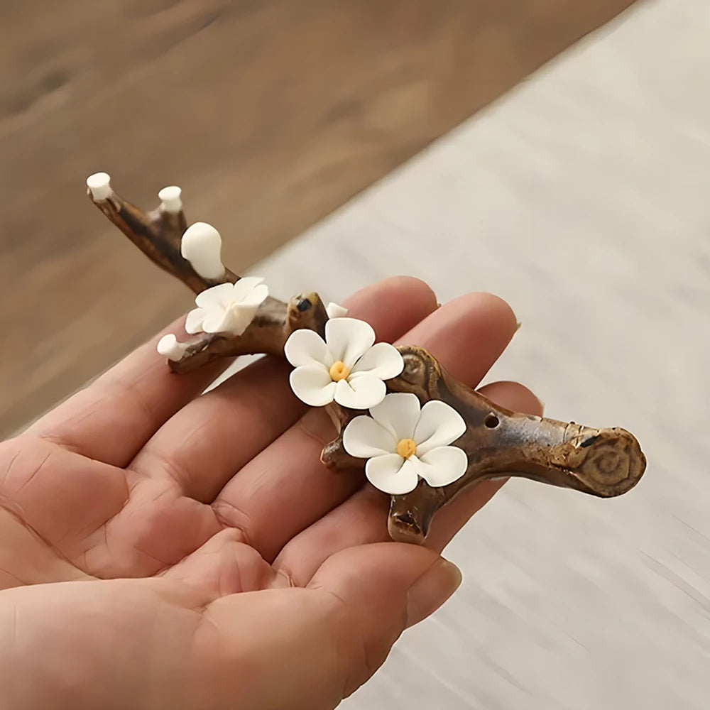 Ceramic Handicraft Simulation Plum Blossom Incense Burner Stick Incense Holder with Wooden Ash Tray Buddhism Supplies Home Decor
