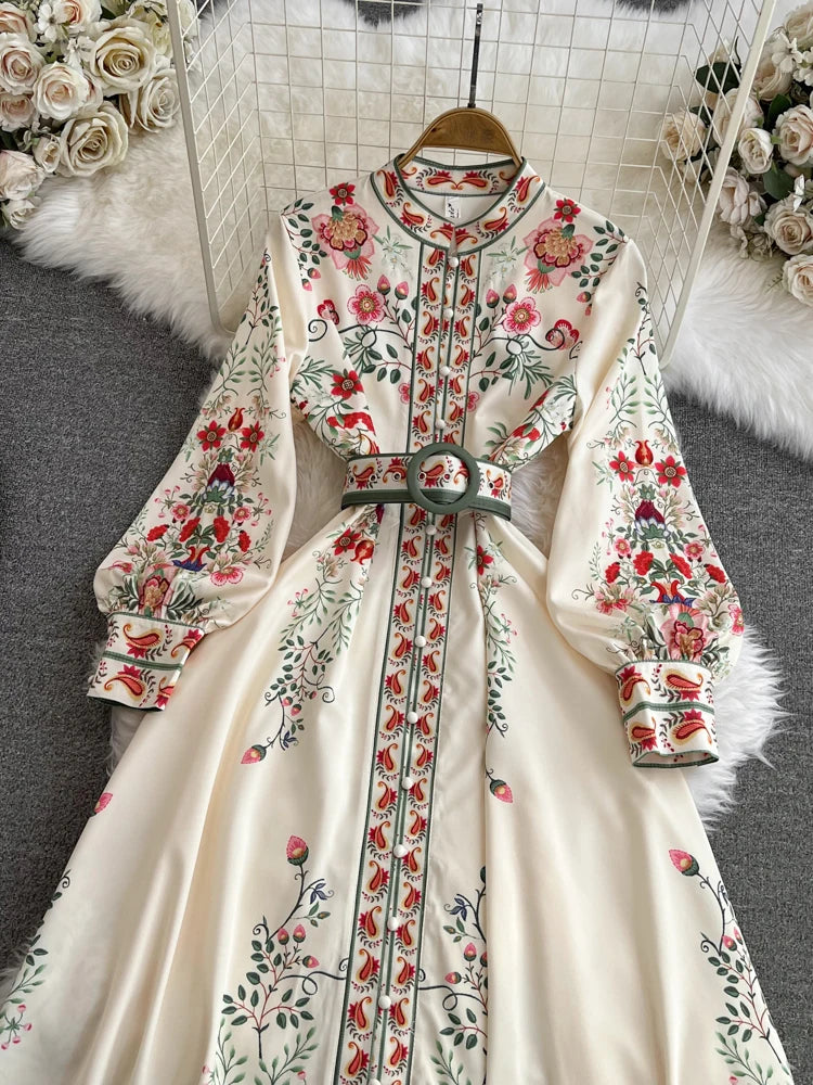 2026 Runway Luxury Designer Dresses Women Stand Neck Long Sleeve Floral Print With Belt Boho Holiday Dress Flower Long Robes