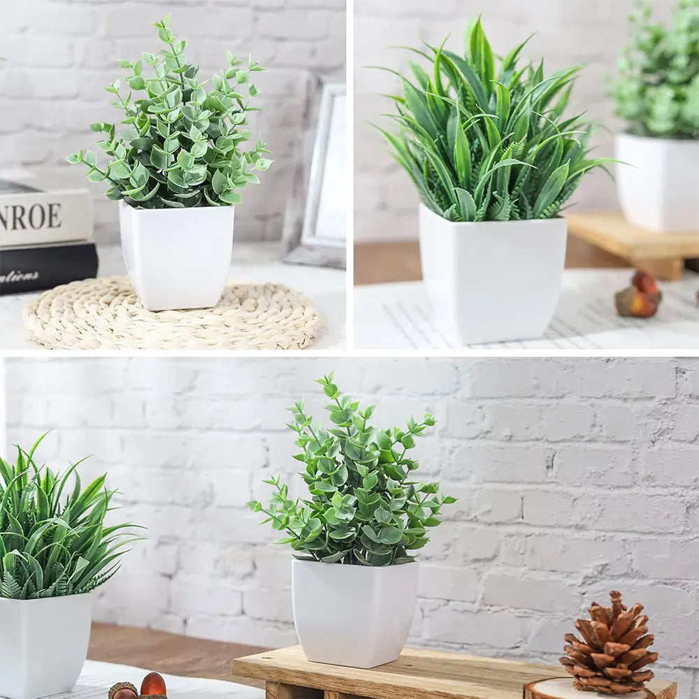 4 Different Types Mini Artificial Greenery Potted Plants White Basin for Home Office Desk Table Bathroom Decor Indoor Supplies