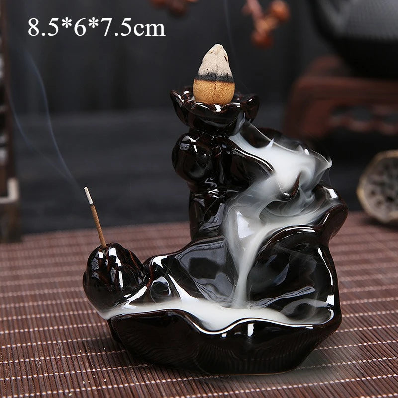 Ceramic Waterfall Backflow Incense Burner, Lotus Buddha Hand Design, Misty Smoke Effect for Zen Meditation, Home Good Luck Decor