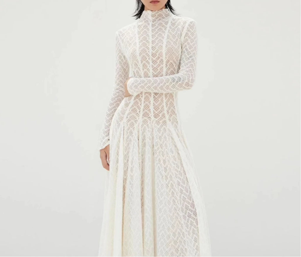 TWOTWINSTYLE Solid Slimming Spliced Ruffles Dresses for Women Round Neck Long Sleeves Patchwork Hollow Out Dress Female Clothing