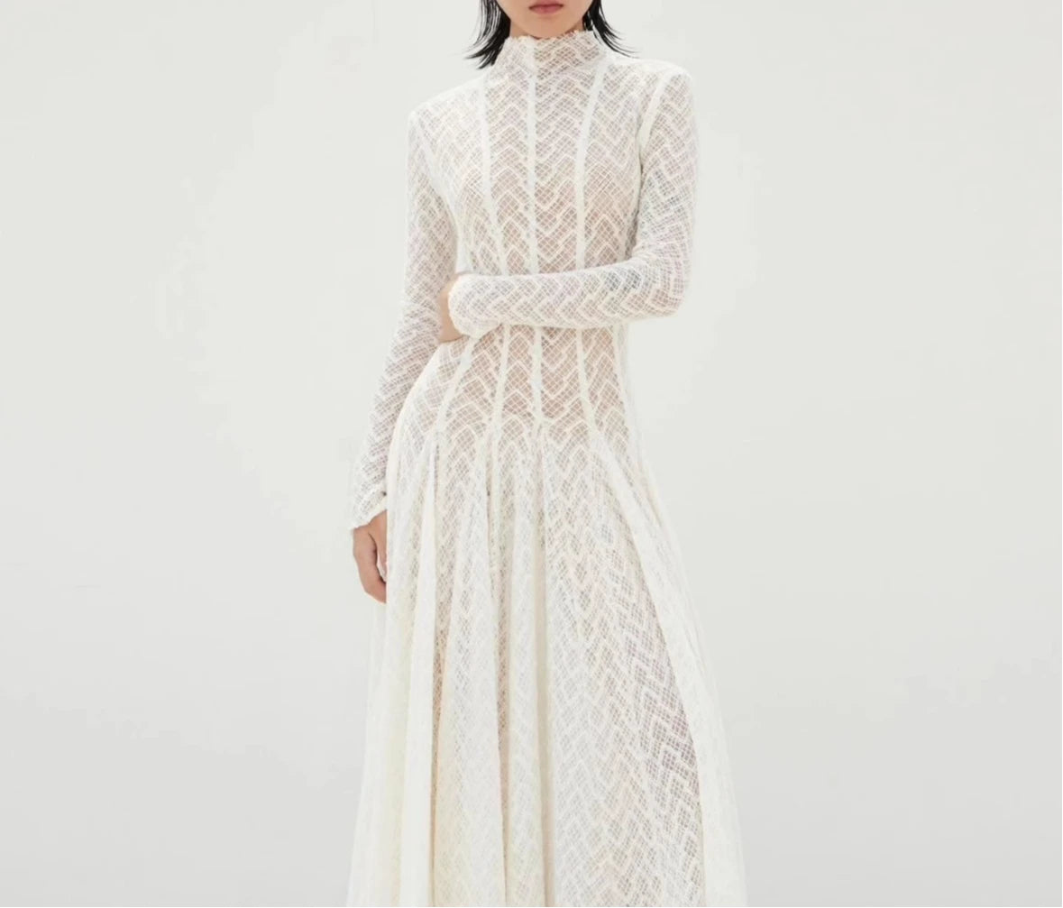 TWOTWINSTYLE Solid Slimming Spliced Ruffles Dresses for Women Round Neck Long Sleeves Patchwork Hollow Out Dress Female Clothing