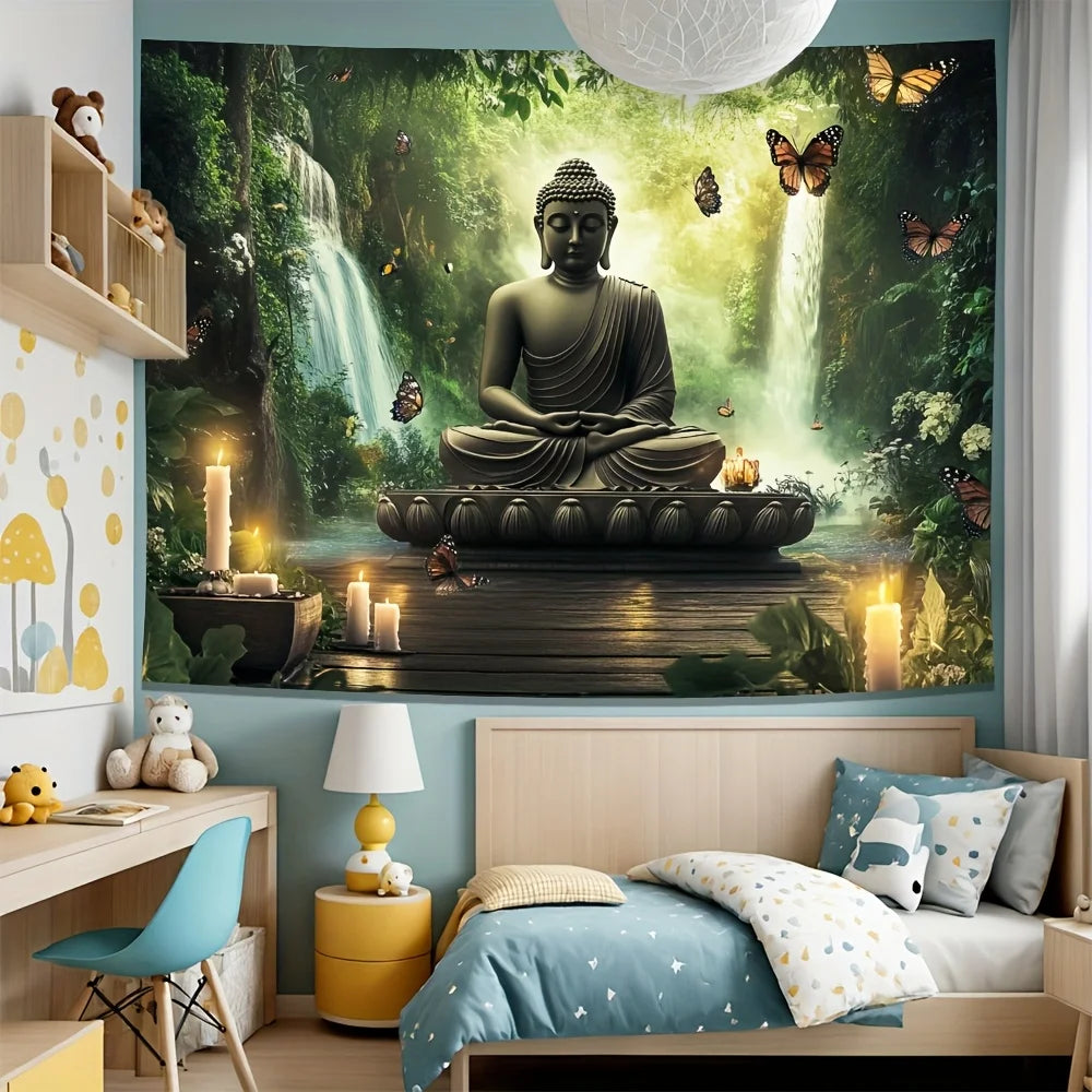 Buddha Statue Waterfall Forest Tapestry Zen Meditation Art Butterfly Decor Peaceful Nature Wall Hanging Living Room Print