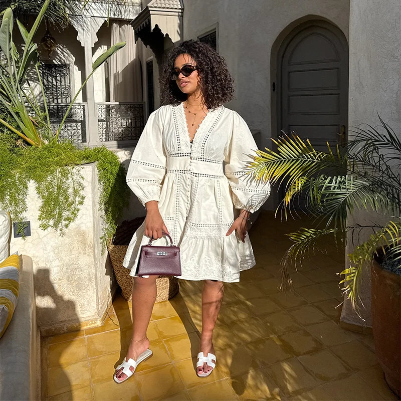 Elegant V Neck Long Puff Sleeve Embroidery Female Dress Chic Hollow Out A line Madi Dresses for Women Fashion Spring Lady Robes