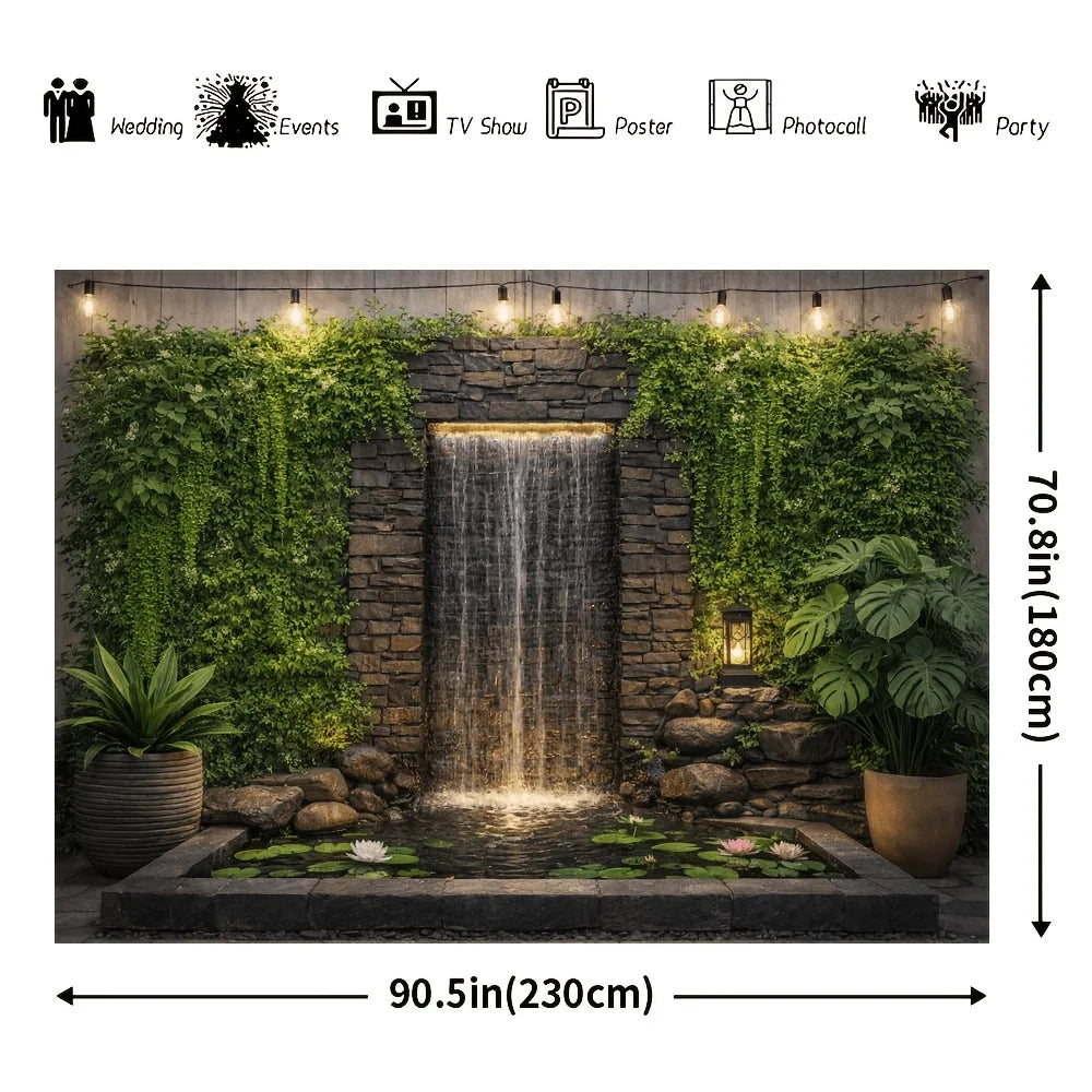 A natural-themed waterfall wall decorated with hanging plants and water lilies - suitable for families, weddings, and decoration