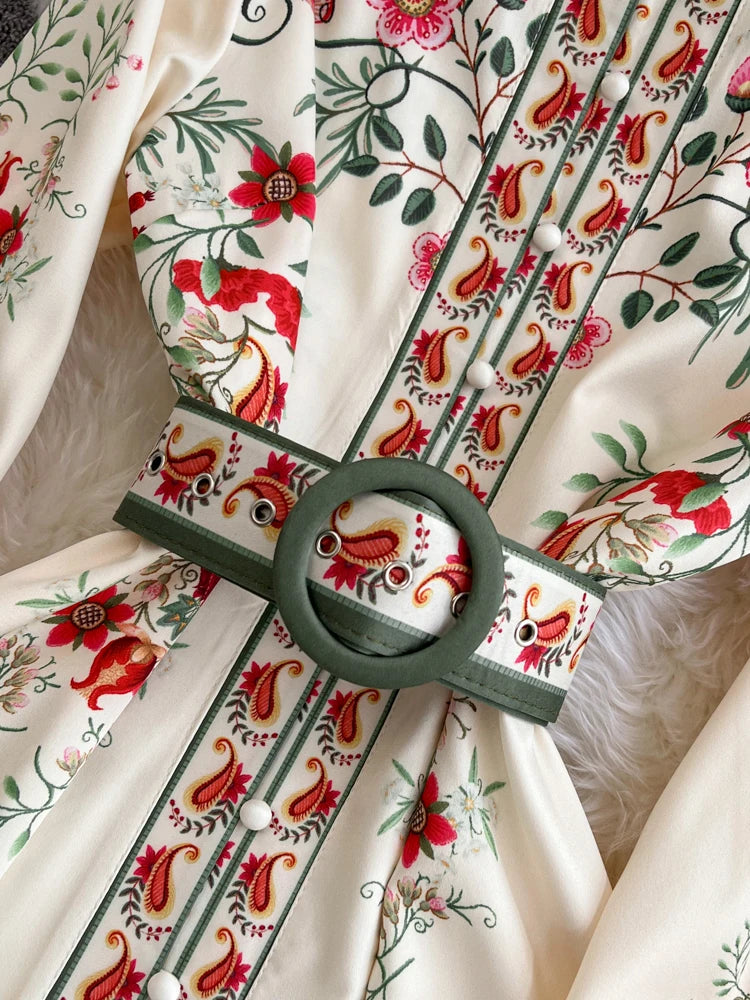 2026 Runway Luxury Designer Dresses Women Stand Neck Long Sleeve Floral Print With Belt Boho Holiday Dress Flower Long Robes