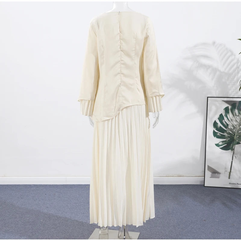 2025 Women Fashion O-neck Patchwork Long Dress Elegant Solid Flare sleeve Pleated High Waist Slim Dresses Lady Summer Chic Robes