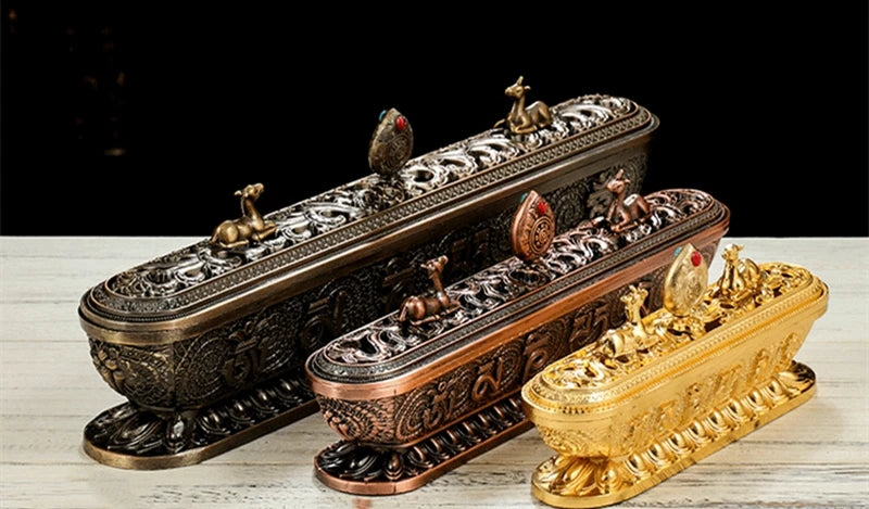 Sanskrit Incense Stick Burner Alloy Buddhist Tibetan Indoor Golden Meditation Engraving Temples Smoke Supply Furnace Ornaments