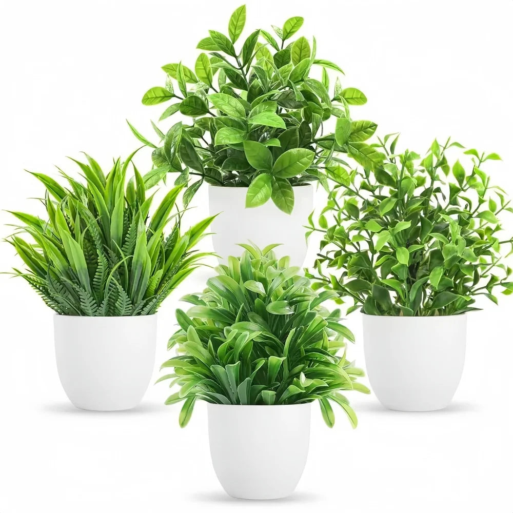 4pcs/set Mini Artificial Plants Potted Indoor Outdoor Decor Green Bonsai for Home Garden Office Living Room Decoration Ornament