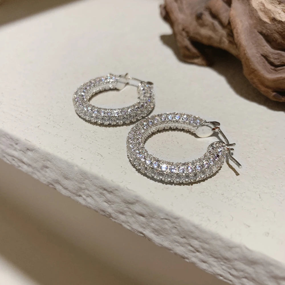 Huitan Big/Small Two Sizes Hoop Earrings for Women Full Paved CZ Stone Bling Bling Female Circle Earrings Temperament Jewelry