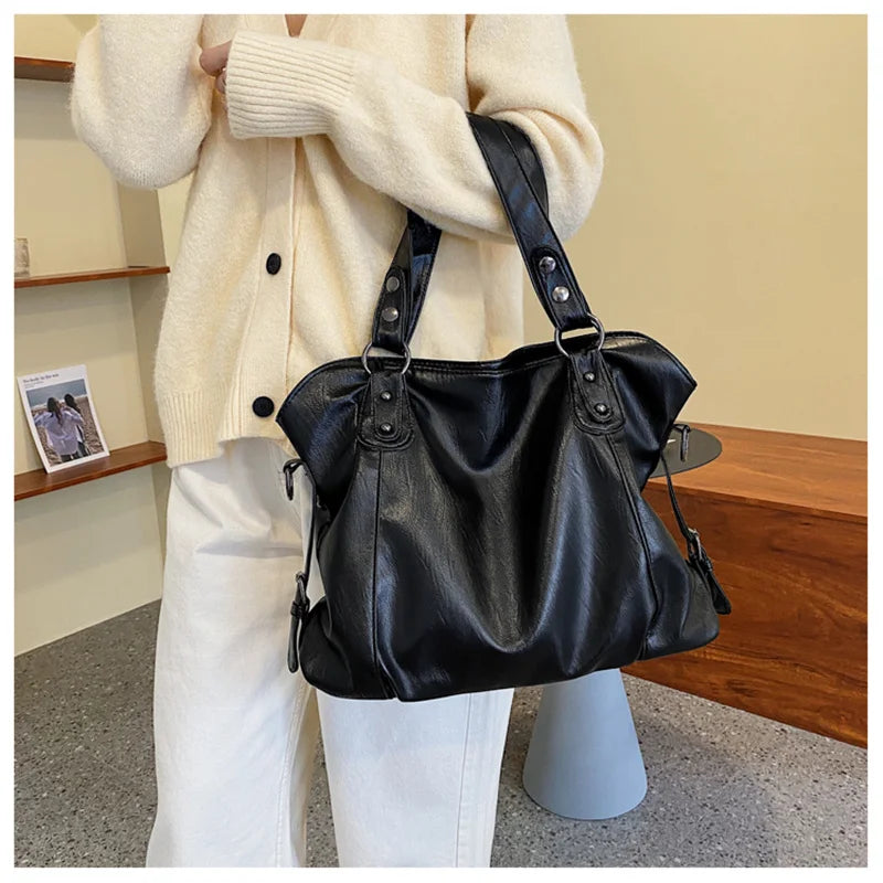 Big Black Shoulder Bags for Women Large Hobo Shopper Bag Solid Color Quality Soft Leather Crossbody Handbag Lady Travel Tote Bag