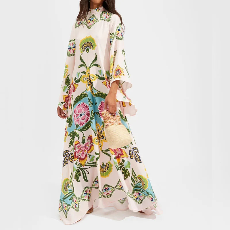 Elegant Long Sleeve Loose Party Dresses Spring Vintage Pattern Printed Robe Dress Women's Stand Neck High Waist Bohemian Dress