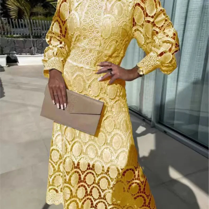 Lace Puff Sleeve Long Dress Women 2025 Spring Elegant New Fashionable Stand Collar High Waist Slim Dresses