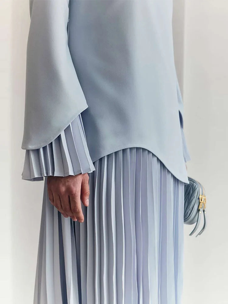 2025 Women Fashion O-neck Patchwork Long Dress Elegant Solid Flare sleeve Pleated High Waist Slim Dresses Lady Summer Chic Robes