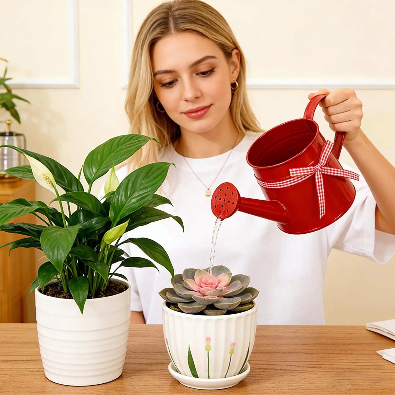 Indoor Watering Can 1L Metal Pot with Sprinkler Head and Gingham Ribbon Modern Plant Watering Cans for Home Office Balcony