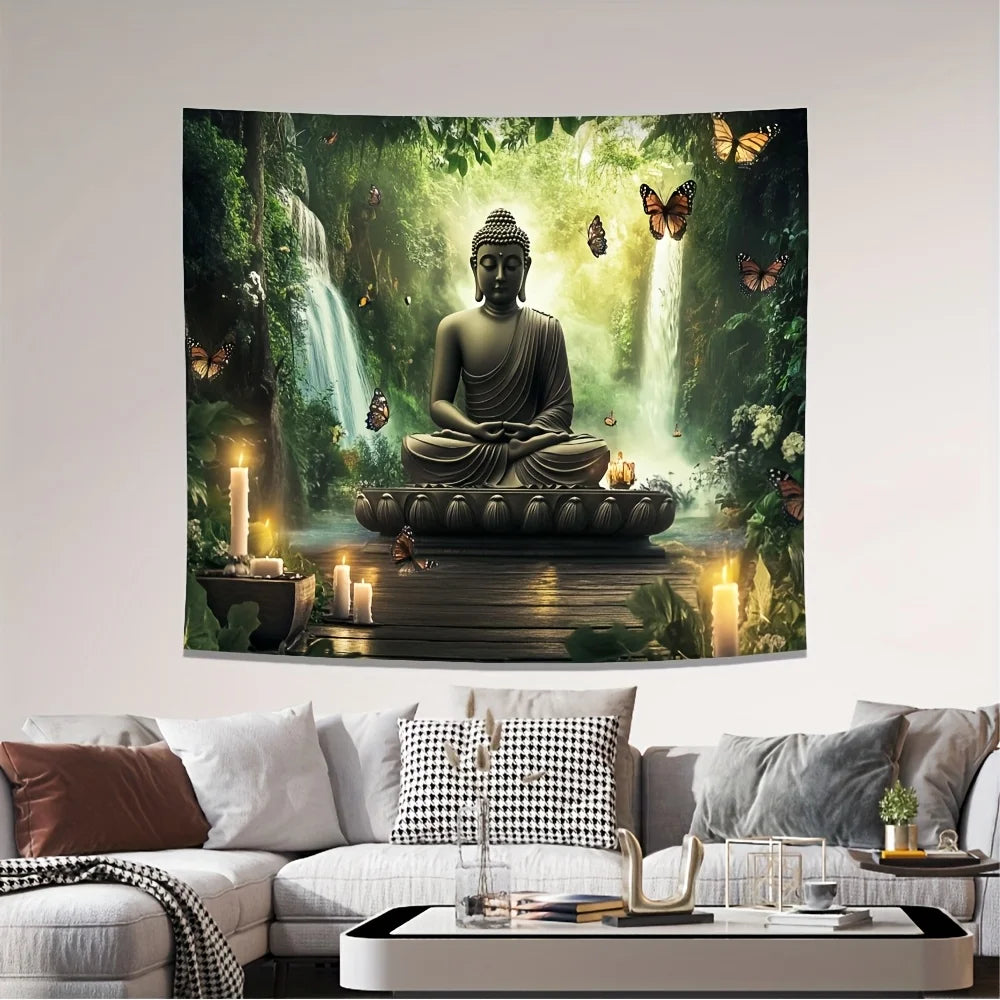 Buddha Statue Waterfall Forest Tapestry Zen Meditation Art Butterfly Decor Peaceful Nature Wall Hanging Living Room Print