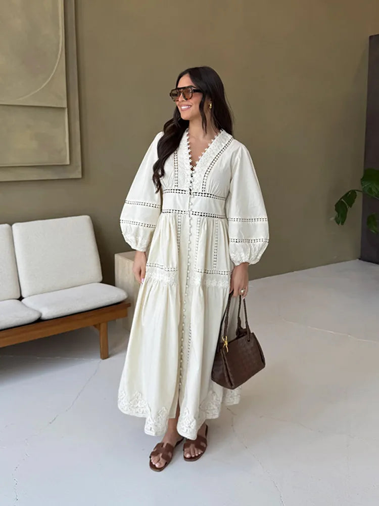 Elegant V Neck Long Puff Sleeve Embroidery Female Dress Chic Hollow Out A line Madi Dresses for Women Fashion Spring Lady Robes