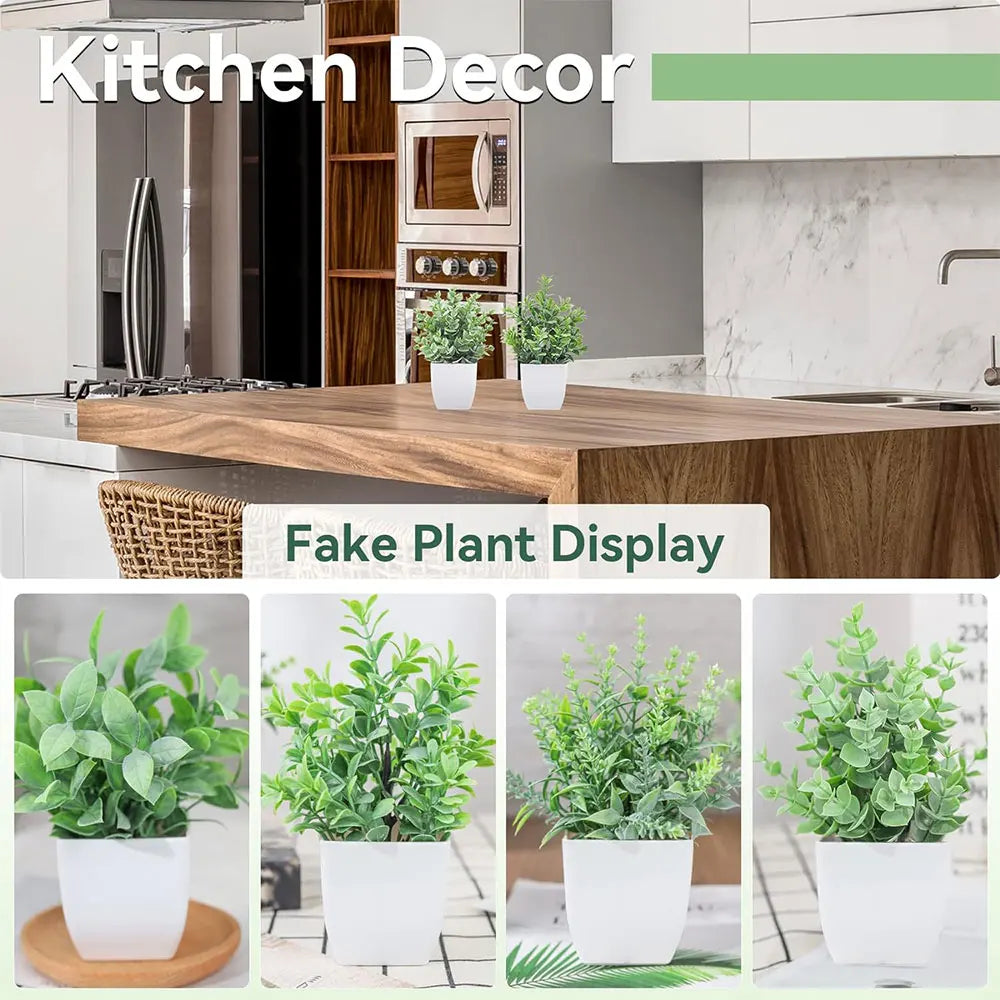 4 Different Types Mini Artificial Greenery Potted Plants White Basin for Home Office Desk Table Bathroom Decor Indoor Supplies