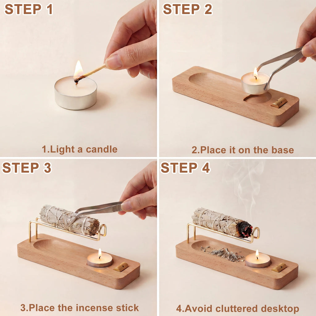 Incense Stick Holder Wooden Incense Burner Holder 4 in 1 Multi-purpose Sage Holder for Home Office Burning Palo Santo Sage Stick