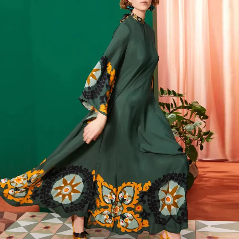 Elegant Long Sleeve Loose Party Dresses Spring Vintage Pattern Printed Robe Dress Women's Stand Neck High Waist Bohemian Dress