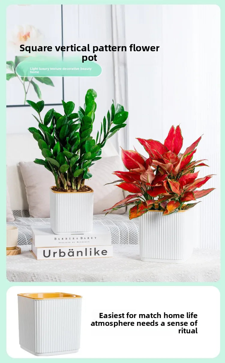 Self-Watering Flower Pot for Lazy People Nordic Style Vertical Striped Square Thickened Plastic Resin Indoor Balcony Green Plant