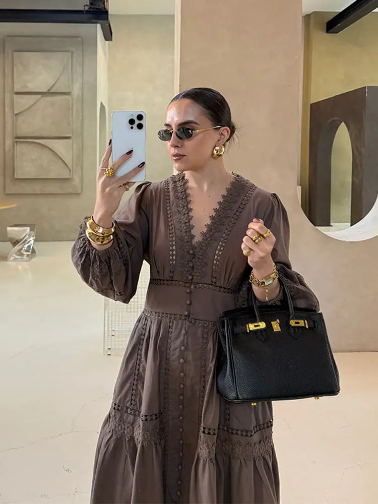 Elegant V Neck Long Puff Sleeve Embroidery Female Dress Chic Hollow Out A line Madi Dresses for Women Fashion Spring Lady Robes