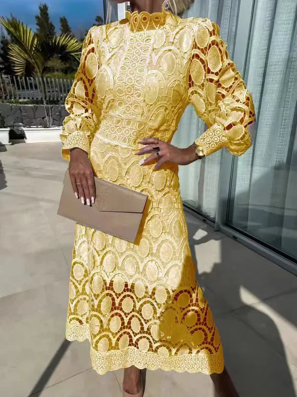 Lace Puff Sleeve Long Dress Women 2025 Spring Elegant New Fashionable Stand Collar High Waist Slim Dresses