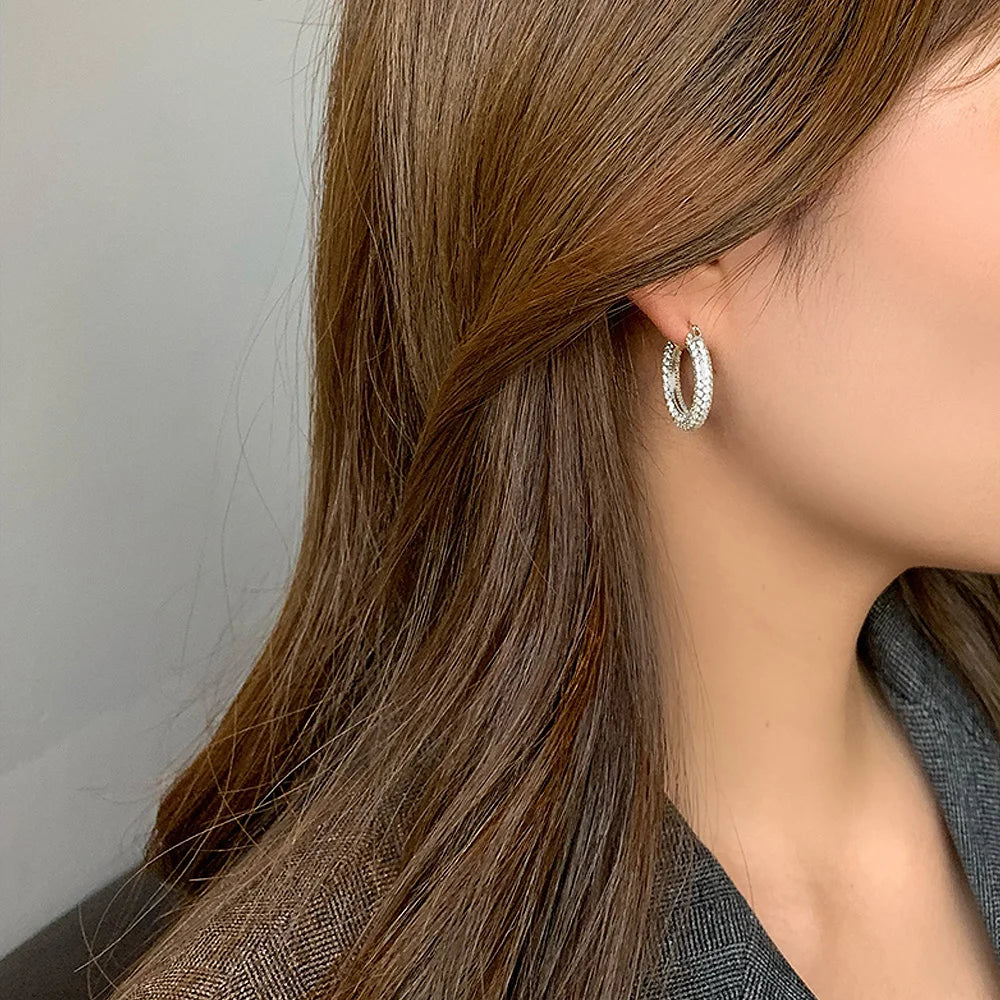 Huitan Big/Small Two Sizes Hoop Earrings for Women Full Paved CZ Stone Bling Bling Female Circle Earrings Temperament Jewelry