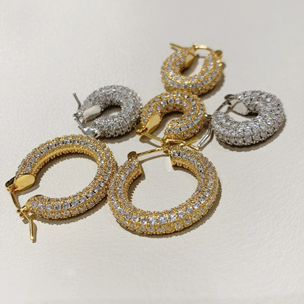 Huitan Big/Small Two Sizes Hoop Earrings for Women Full Paved CZ Stone Bling Bling Female Circle Earrings Temperament Jewelry