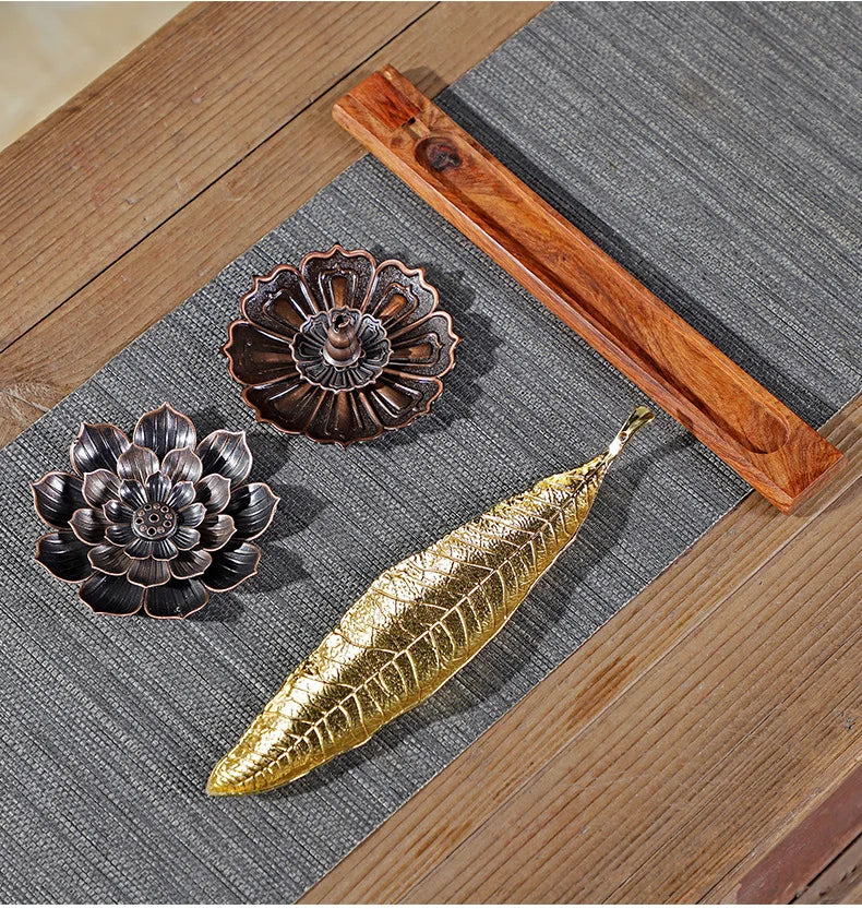 Golden Leaf Flower Pear Wood Lotus Flower Stick Incense Burner Creative Crafts Decoration Incense Holder Office Tea Ceremony