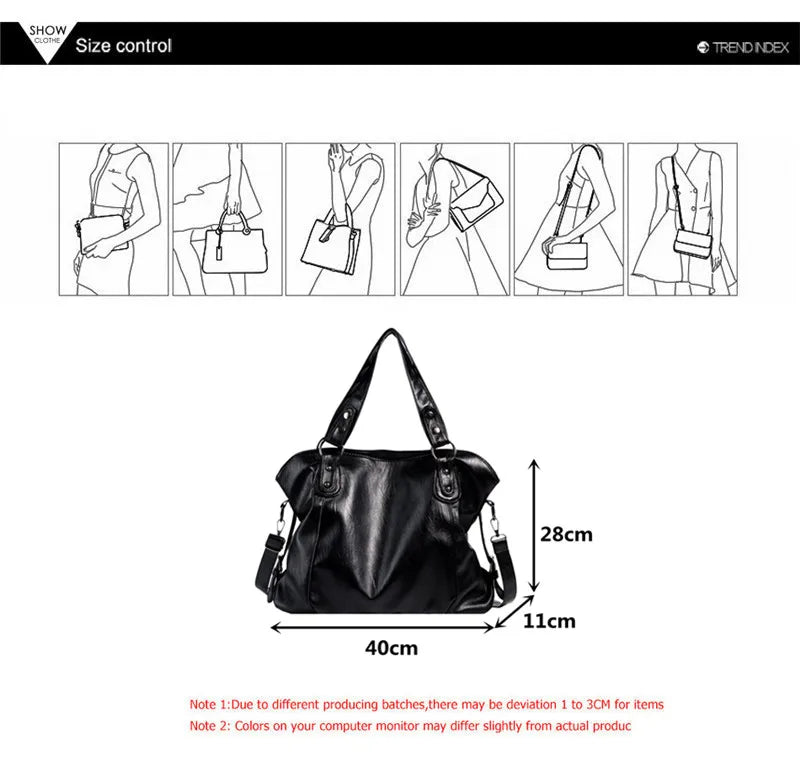 Big Black Shoulder Bags for Women Large Hobo Shopper Bag Solid Color Quality Soft Leather Crossbody Handbag Lady Travel Tote Bag