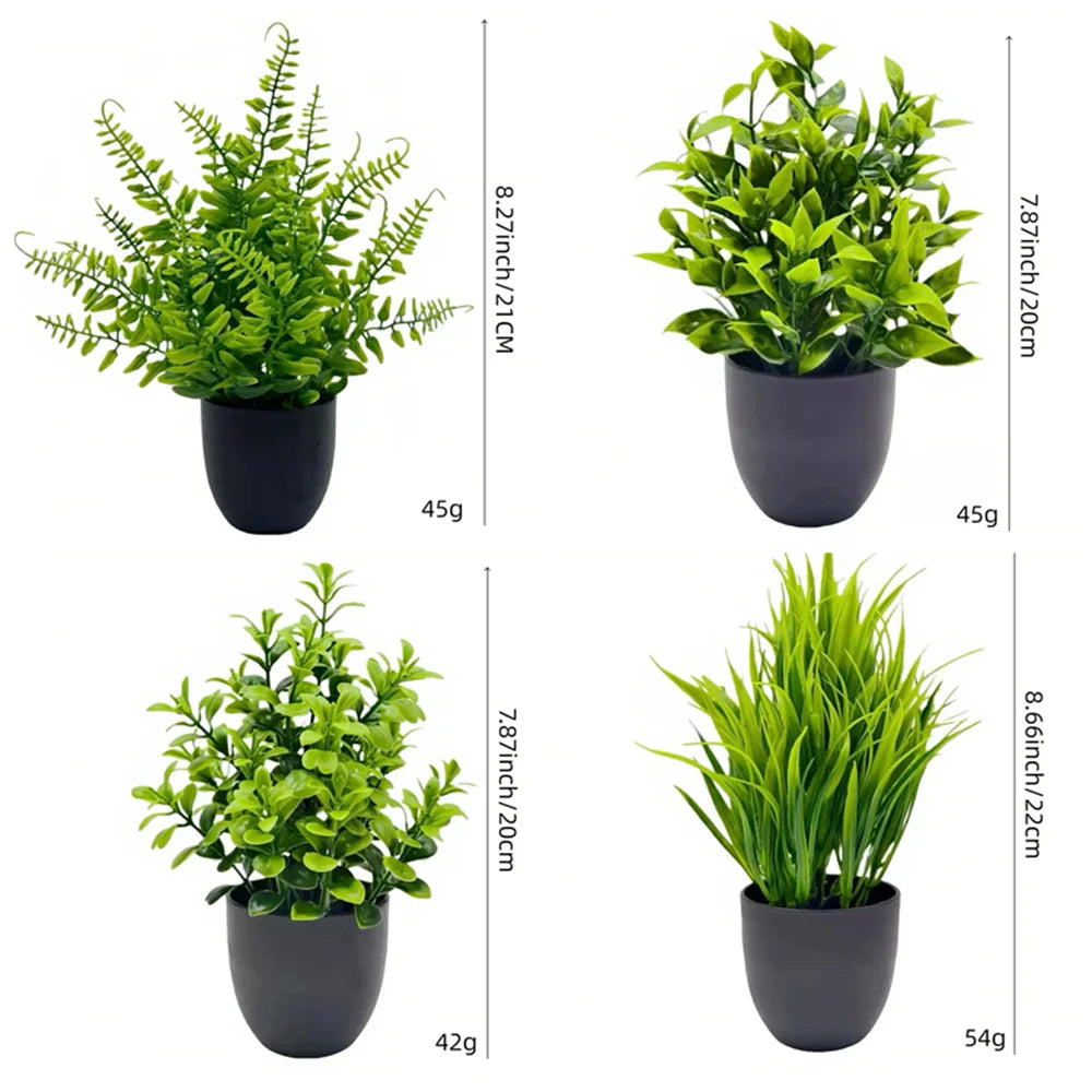 4pcs/set Mini Artificial Plants Potted Indoor Outdoor Decor Green Bonsai for Home Garden Office Living Room Decoration Ornament
