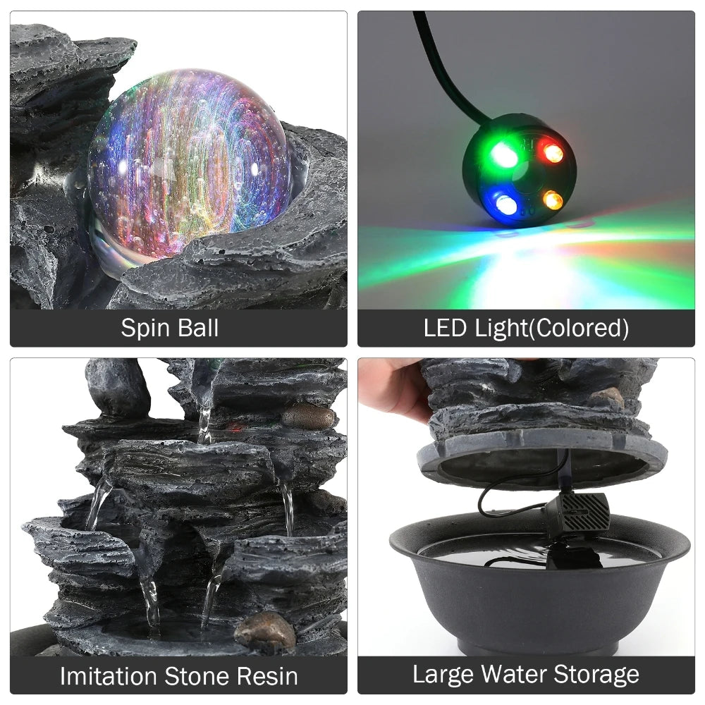 Indoor Tabletop Decorative Feng Shui Waterfall Fountain with Colored LED Light Mini Waterfalls Landscape Home Ornament Gift