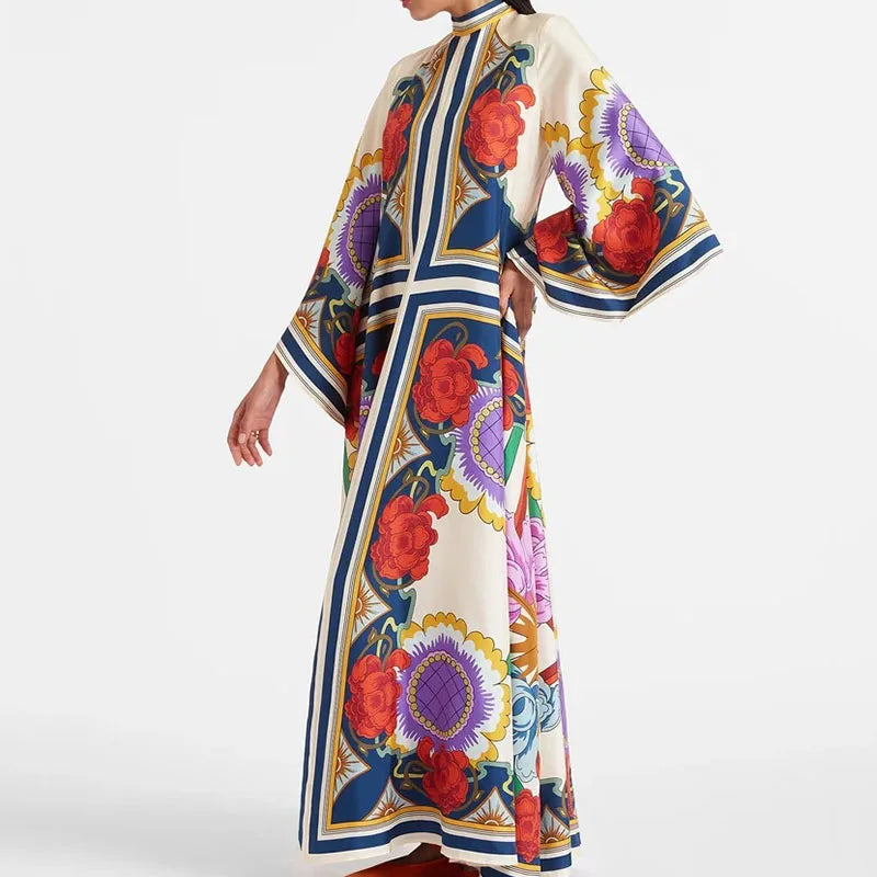 Elegant Long Sleeve Loose Party Dresses Spring Vintage Pattern Printed Robe Dress Women's Stand Neck High Waist Bohemian Dress