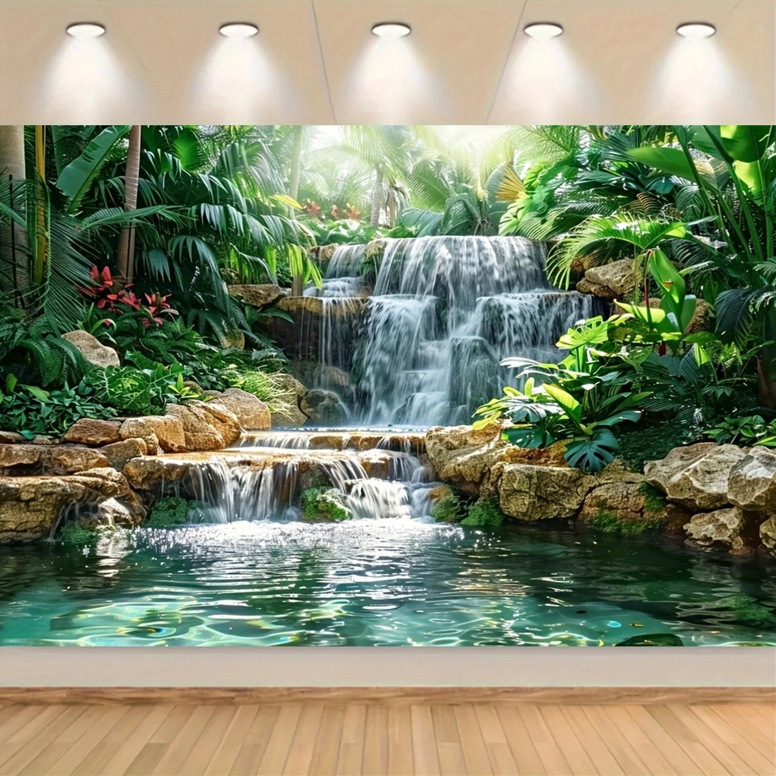 Waterfall Garden background Polyester banner, general purpose and trailing party wall decoration - forest and river scene