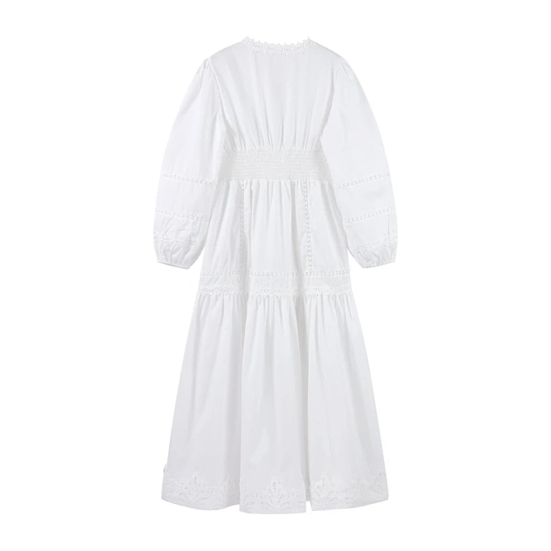 Elegant V Neck Long Puff Sleeve Embroidery Female Dress Chic Hollow Out A line Madi Dresses for Women Fashion Spring Lady Robes