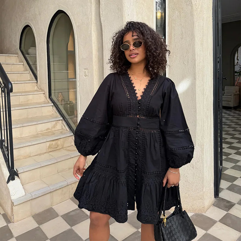 Elegant V Neck Long Puff Sleeve Embroidery Female Dress Chic Hollow Out A line Madi Dresses for Women Fashion Spring Lady Robes
