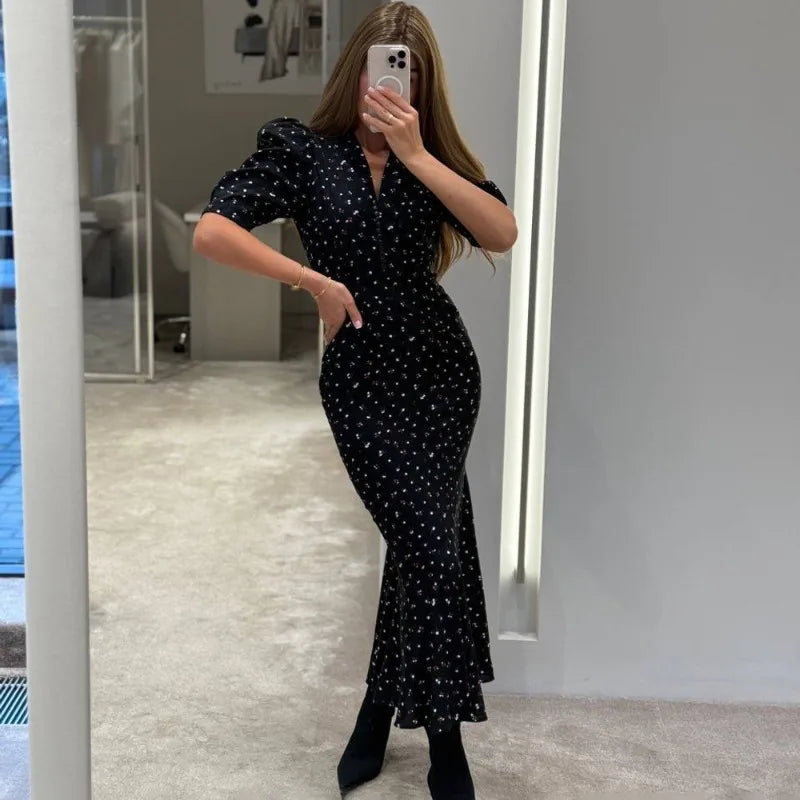 Tuularose Elegant Printed Long Dress Black V Neck Bubble Sleeve Summer Party Dresses Luxury Contrast Vintage Women Evening Dress