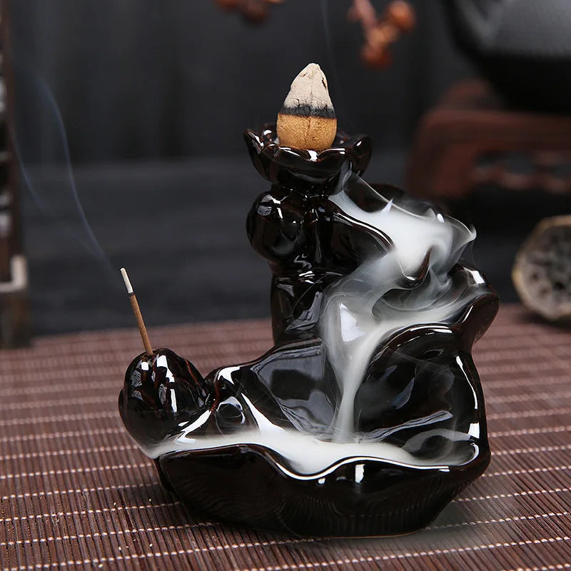 Ceramic Waterfall Backflow Incense Burner, Lotus Buddha Hand Design, Misty Smoke Effect for Zen Meditation, Home Good Luck Decor