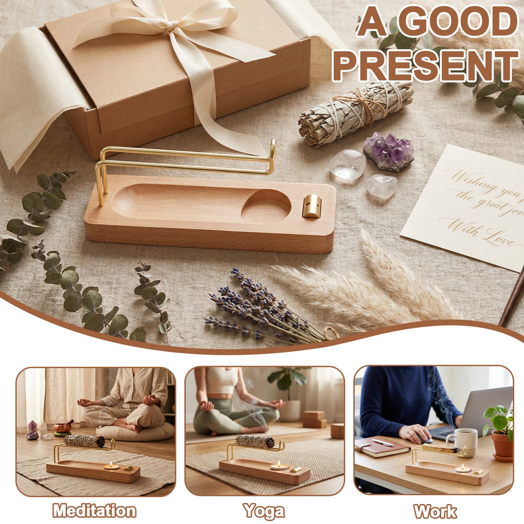 Incense Stick Holder Wooden Incense Burner Holder 4 in 1 Multi-purpose Sage Holder for Home Office Burning Palo Santo Sage Stick