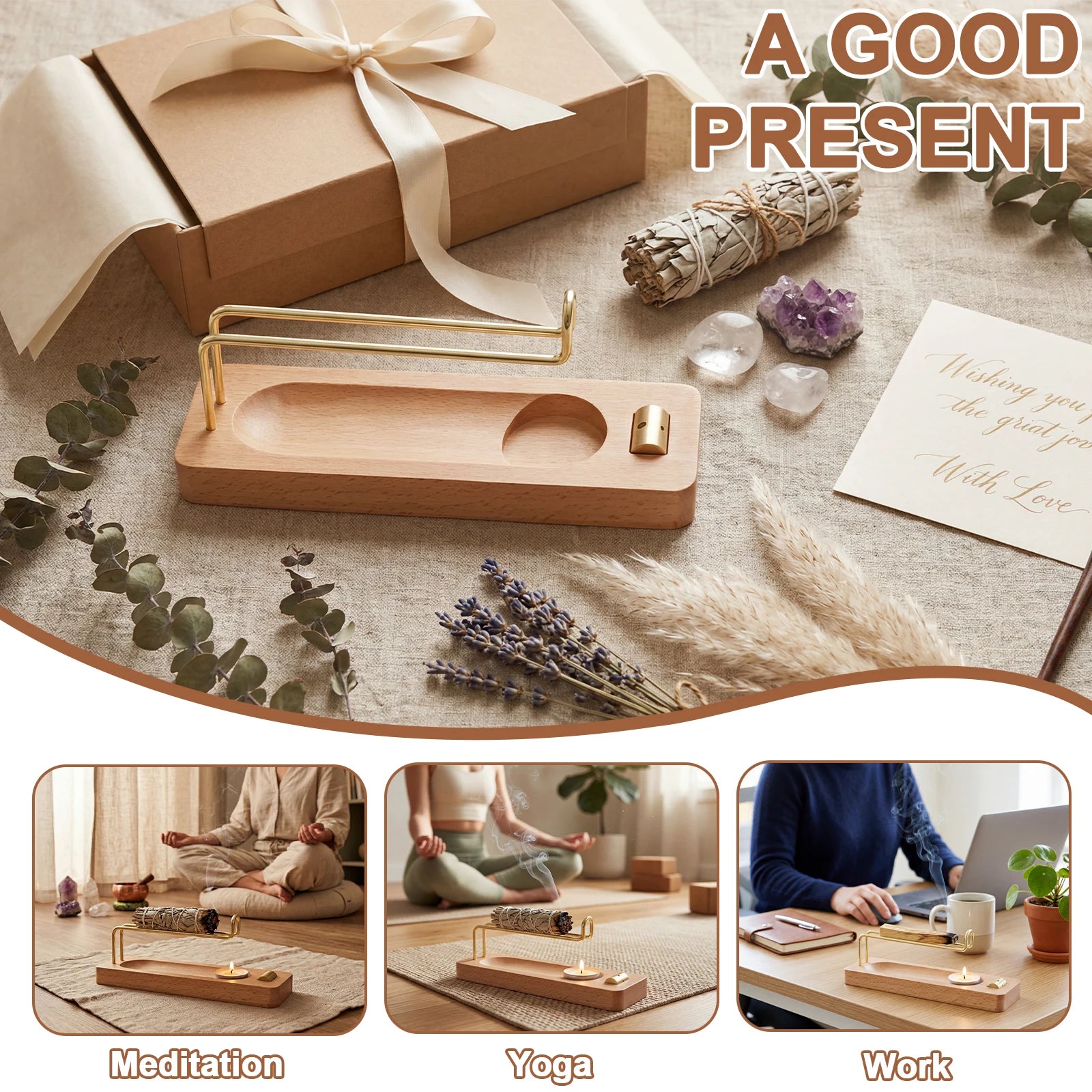 Incense Stick Holder Wooden Incense Burner Holder 4 in 1 Multi-purpose Sage Holder for Home Office Burning Palo Santo Sage Stick