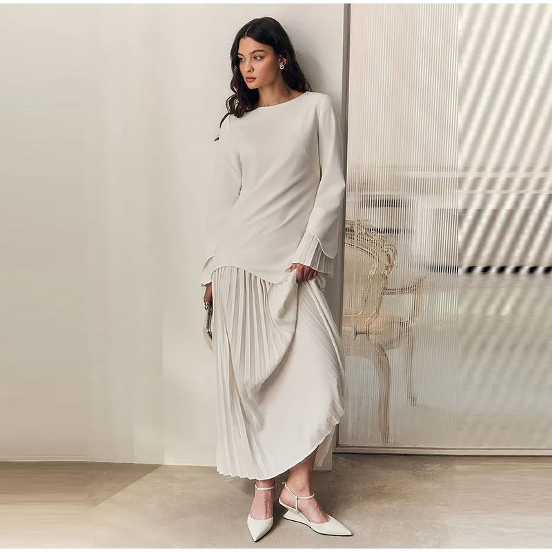 2025 Women Fashion O-neck Patchwork Long Dress Elegant Solid Flare sleeve Pleated High Waist Slim Dresses Lady Summer Chic Robes