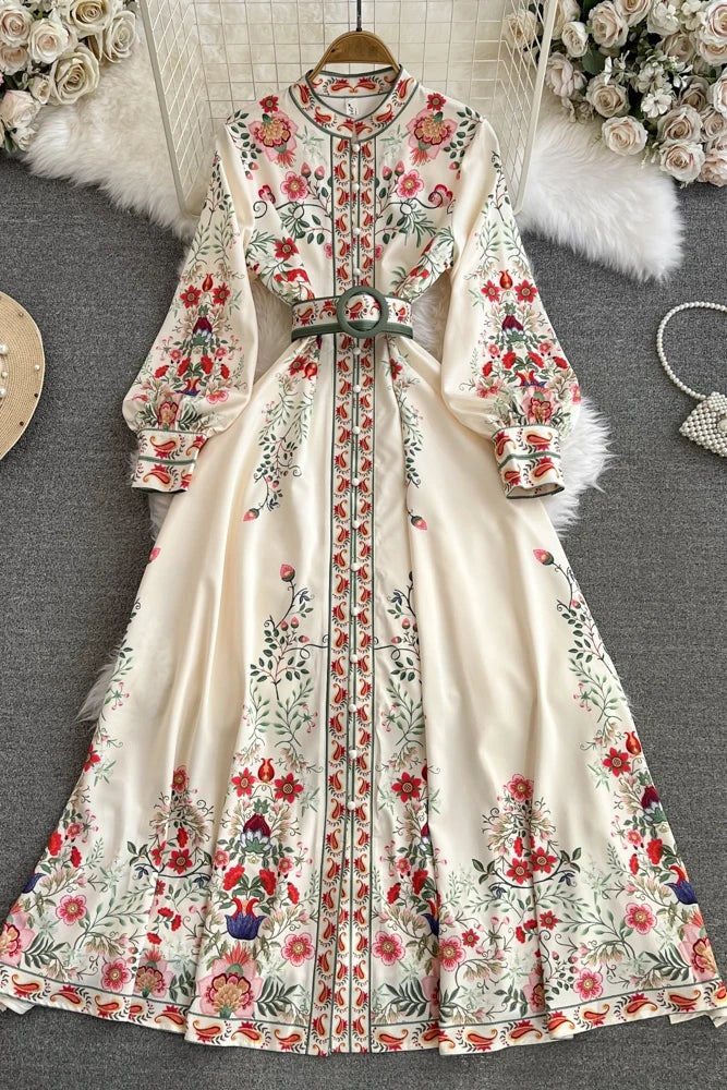 2026 Runway Luxury Designer Dresses Women Stand Neck Long Sleeve Floral Print With Belt Boho Holiday Dress Flower Long Robes