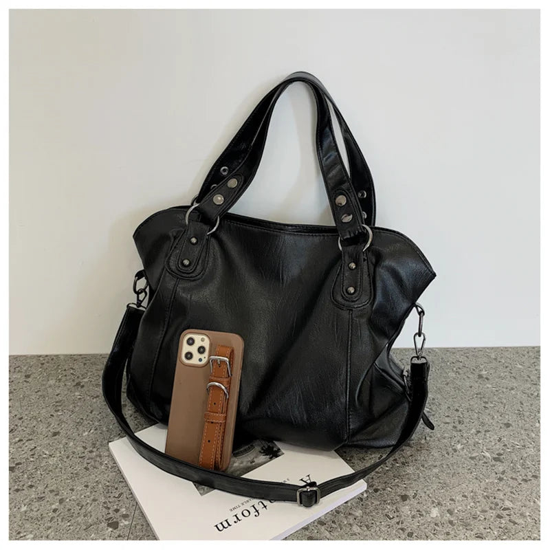 Big Black Shoulder Bags for Women Large Hobo Shopper Bag Solid Color Quality Soft Leather Crossbody Handbag Lady Travel Tote Bag