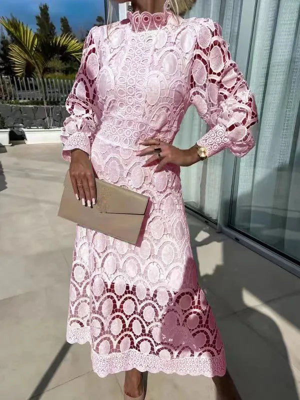 Lace Puff Sleeve Long Dress Women 2025 Spring Elegant New Fashionable Stand Collar High Waist Slim Dresses