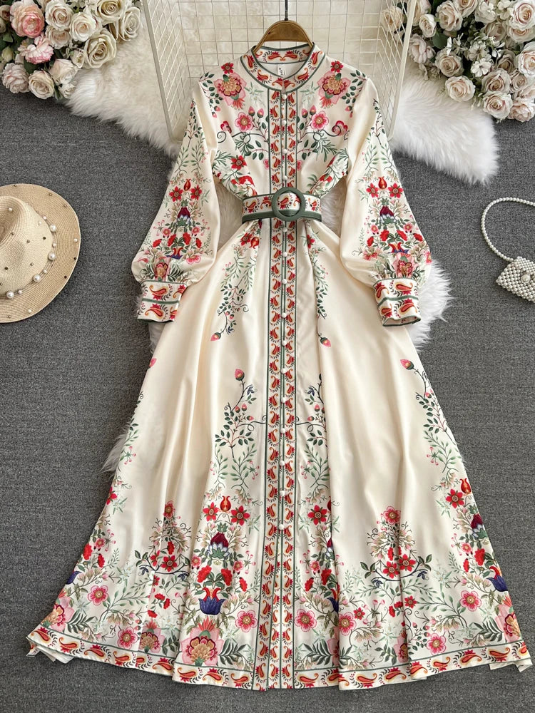 2026 Runway Luxury Designer Dresses Women Stand Neck Long Sleeve Floral Print With Belt Boho Holiday Dress Flower Long Robes